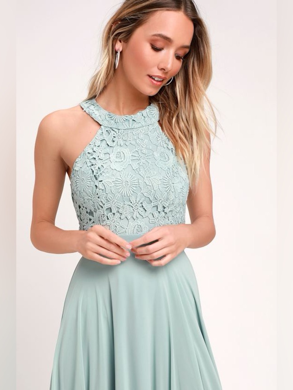 NWT Lulu's Sage Green Lace Halter Maxi Dress - Picture 4 of 14